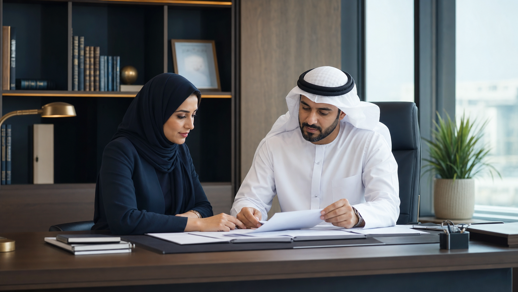 محترفون عرب يراجعون استراتيجية أعمال في مكتب معاصر محترفون عرب يراجعون استراتيجية أعمال في مكتب معاصر