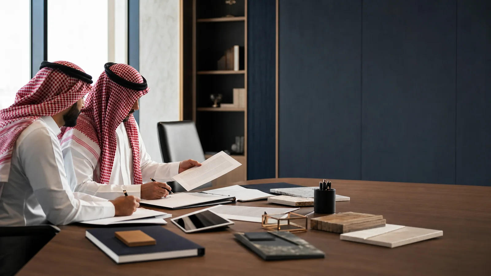 مستشارون يراجعون مستندات تجارية في مكتب خليجي